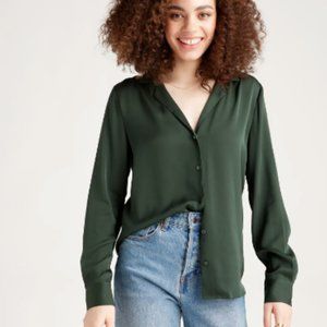 Quince Washable Stretch Silk Notch Collar Blouse Large Green